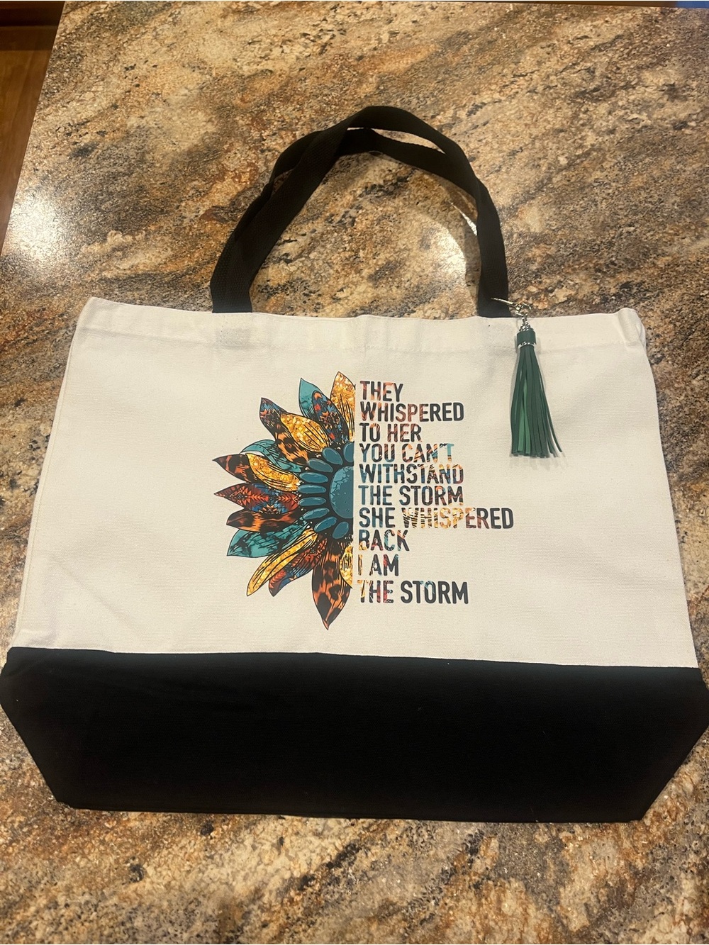 Canvas Tote Bag with Sunflower Graphic in White and Black